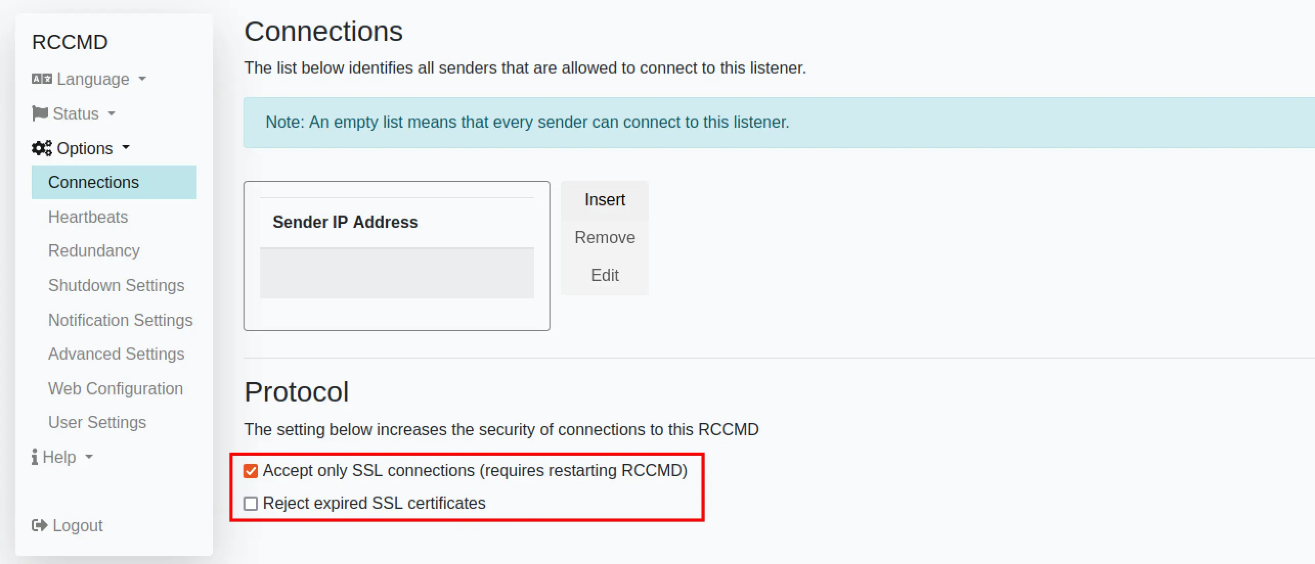 Screenshot of the RCCMS TLS configuration options